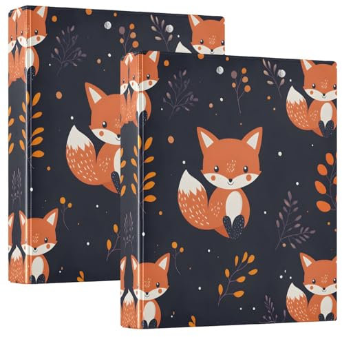 Quteprint Ringbuch mit 3 Ringen, Cartoon-Motiv mit niedlichen Fuchsblättern, 3,8 cm, runder Ringordner mit 3 transparenten Taschen, Klemmbrett und hält 200 Blatt für Büro/Schule/Zuhause