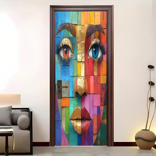 Pegatinas de Puerta Mural 77x200 cm Graffiti GeoméTrico Colorido 3D Adhesivo Fotográfico Autoadhesivo Vinilo Etiqueta De La Pared Vistoso Arte Adhesivo Puerta Dormitorio Baño Cocina Decoration