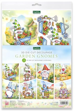 Katy Sue Garden Gnomes Die-Cut Decoupage Pack. 12 A4 Sheets of Gnome, Gonk & Garden-Themed Die Cuts for Card Making Supplies with Sentiments & Card Toppers on 150 GSM Paper. UK-Made.