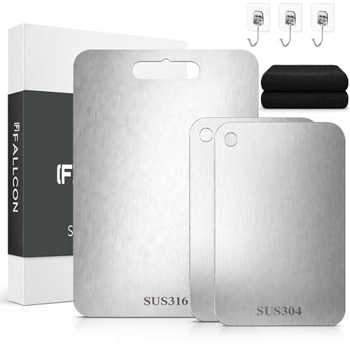 FALLCON F® Set 3 Tablas de Cortar Acero Inoxidable 2MM Extra Gruesas | Tabla Cocina Profesional SUS316 + SUS304 | Superficie Higiénica | No Absorbe Olores | Incluye Paños y Ganchos