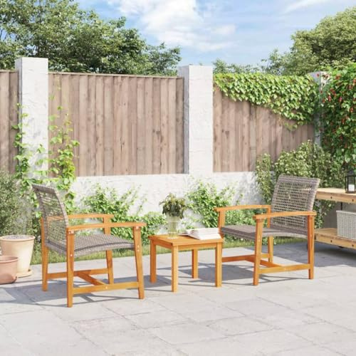 Teenpull 3-TLG. Bistro-Set Grau Poly Rattan, Akazienholz, UV-beständig, 2 Stühle & Gartentisch für Balkon, Terrasse, Garten, max. 110 kg pro Sitz