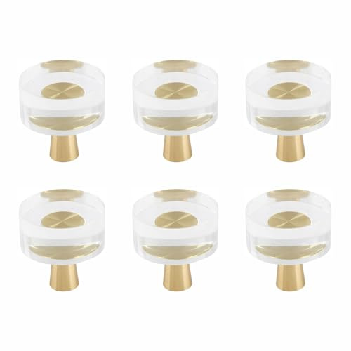 TOP-MAX 6 Stück Möbelknöpfe Gold Kristall 30mm - Runde Schubladengriffe Transparent mit Goldenem Sockel - Rostfreie Schrankknöpfe für Mädchenzimmer, Kommode & Upcycling - Inkl. Schrauben