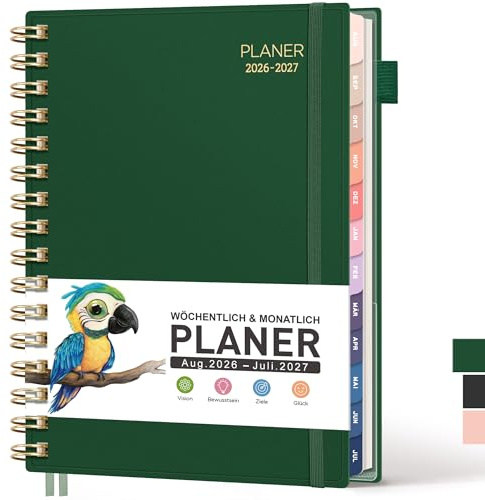 RETTACY Kalender 2026 2027 - Wochenplaner Notizbuch A5, Schulplaner 26/27, Terminplaner für Schule, August 2026-Juli 2027 planer, Studium & Alltag (Dunkelgrün)