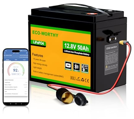 ECO-WORTHY LiFePO4 Batterie 12V 50Ah mit XT60 Bluetooth BMS Low Temperature Schutz und 4000-15000 Zyklen 640Wh Lithiumbatterie für Trolling-Motor,Boot