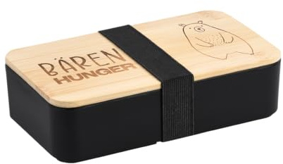 Kesper | Brotdose „Bären Hunger“, Material: Kunststoff schwarz, Deckel aus FSC®-zertifiziertem Bambus, mit flexiblem Stoffband, Maße: 18,5 x 10,5 x 5 cm | 58540