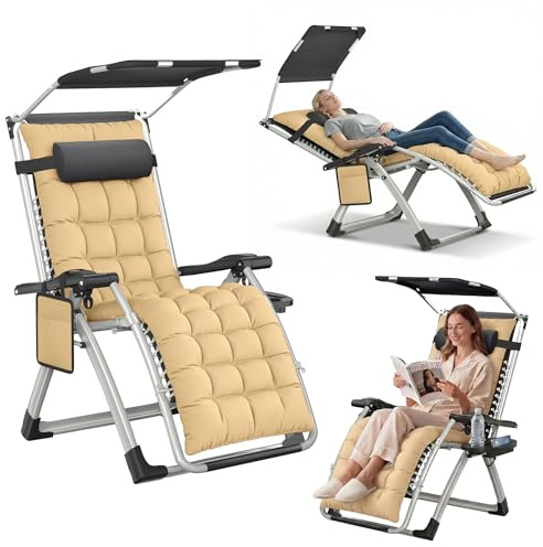 UISEBRT Liegestuhl Klappbar mit Sonnendach,Relaxliege Verstellbar 90-170° mit Nackenkissen, Getränkehalter & Seitentasche -Sonnenliege belastbar bis 160kg für Garten, Balkon & Camping,Beige