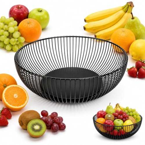 2PCS Metal Wire Fruit Basket, Black Round Fruit Bowl for Kitchen Counter, Large Vegetable Storage Basket, Open Wire Bread Basket, Decorative Countertop Produce Organiser for Vegetables, Bread & Snacks
