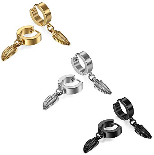 JewelryWe Schmuck Ohrringe Creolen Edelstahl Feder Blatt Laub Huggie Klappcreolen Ohr Manschette Ohrstecker Ohrhänger für Herren Damen, Silber Gold Schwarz Blau Bunt