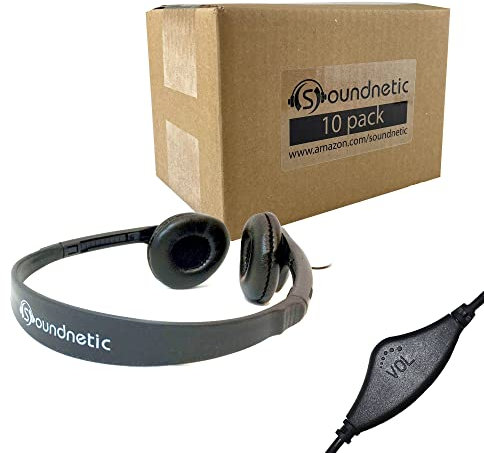 Soundnetic SNCCV Bulk Classroom Headphones 10 Pack – Stereo Headphones with Leatherette Earpads & Volume Control, Black – Ideal for Schools