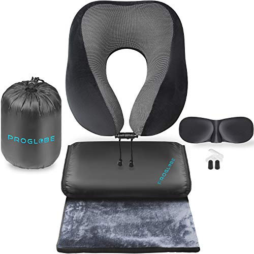 Proglobe Nackenkissen-Reiseset – Reisekissen für Flugreisen, 100% Memory-Schaum mit bequemem und atmungsaktivem Bezug, inklusive 3D-Schlafmaske, Ohrstöpsel und luxuriöser Decke und Tasche