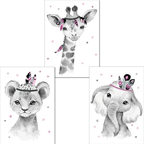 LALELU-Prints Bilder Kinderzimmer Poster Babyzimmer Deko Mädchen Jungen Kinderbilder Set Kinderzimmerbilder (Indianer rosa)
