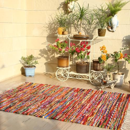 RAJRANG BRINGING RAJASTHAN TO YOU Chindi Fleece Teppich 91x152 cm farbenfroher Boho-Teppich Bauernhaus Dekor gewebte geflochtene Bodenteppiche mit Quaste