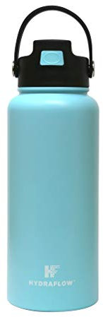 Hydraflow Hybrid - Triple Wall Vacuum Insulated Water Bottle with Flip Straw (34oz, Powder Aqua) Stainless Steel Metal Thermos, Reusable Leak Proof BPA-Free for Sports and Travel