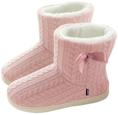 GURGER Hausstiefel Damen Plüsch Hausschuhe Hohe Hüttenschuhe Gefüttert Warm Winter Pantoffeln Strick Slipper Feste Sohle für Frauen Rosa Gr. 41 42