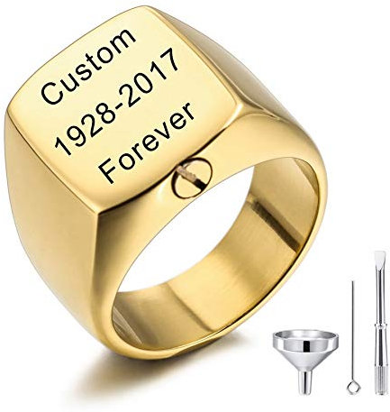 MeMeDIY Personalisierte Urne Ring Siegelring für Frauen Männer Haustier Gravur Name/Text Gedenktaschenhalter aus Edelstahl Souvenir mit Trichterbausatz Ringgrößeneinsteller (Gold Größe 70)