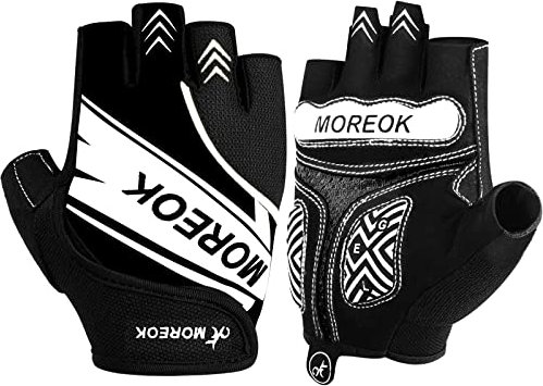 MOREOK Fahrradhandschuhe für Herren Damen Sommer Radsporthandschuhe Halbfinger 5MM SBR Gel rutschfeste/stoßdämpfende Handschuhe helles Schwarz-L