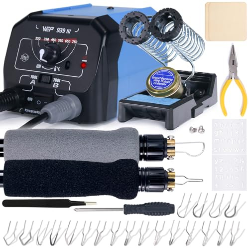 WEP 939-III Dual Pen Holzbrennset 34-in-1 mit 20 Holzbrennspitzen, Soft-Grip, Brandmalstift mit 2 Schablonen, 2 unlackiertem Holz, 1 Stifthalter, professionelles Holzbrenner-Werkzeug