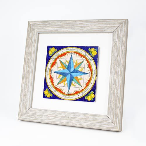 Albalù Quadretto in Legno con Piastrella Positano in Gres Porcellanato e Cornice Tortora Quadrata (Rosa dei Venti, 20x20 cm)