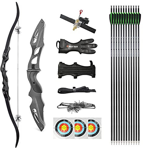 AMEYXGS Bogenschießen Takedown Recurve Bogen und Pfeil Set 62 Langbogen 20-50lbs Jagdbogen ILF Bow Riser Rechte Hand Sportbogen Schießübungen im Freien (45lbs, Bogen + Zubehör)