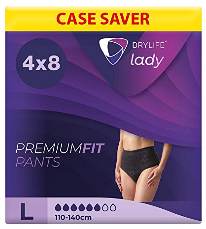 Drylife Lady Discreet Prämie Fit Inkontinenz Damen Höschen für Blasenschwäche - Schneller Absorption Kern, Anti-Leck-Barrieren, Geruchskontrolle, Stiled für Frauen - Gr. L (4 x 8 Stück)