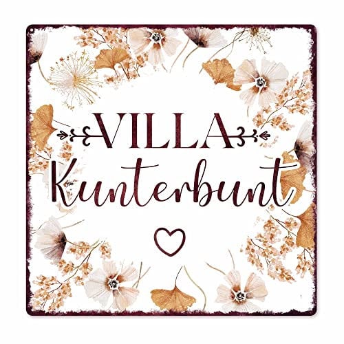 Interluxe Schild Metallschild 20x20cm - Villa Kunterbunt - Herbstdeko Dekoschild Türschild Familie Zuhause