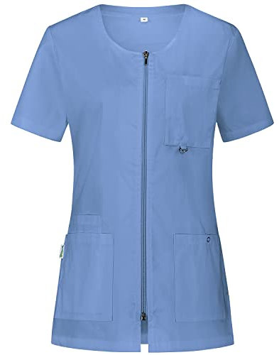 B-well Stella Kasacks Damen Pflege Kleidung Damen Schlupfjacke mit Reißverschluss Kasaks Altenpflege Damen, Kurzarm, 4 Taschen (Hellblau, L)