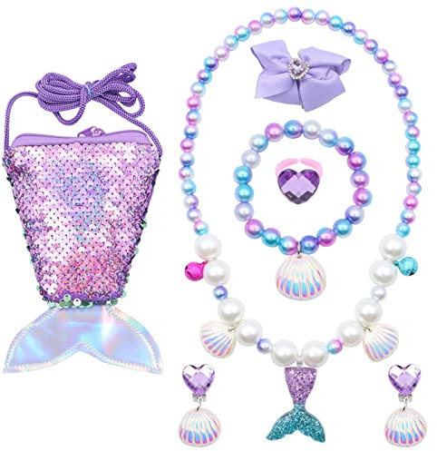 Scettar 7 Pcs Meerjungfrau Kinder Schmuckset Mädchen,Schmuckkästchen Klein,Meerjungfrauenflosse Mädchen Tasche,Halsketten,Ohrringe,Armbänder,Ringe,Geschenke für Mädchen ab 3 Jahren
