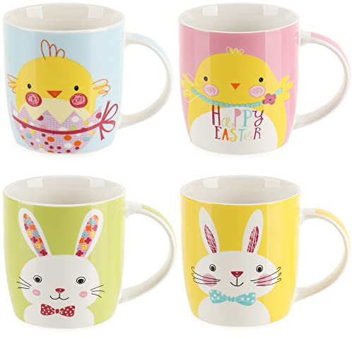 com-four® 4x Kaffeebecher aus Keramik - Kaffee-Tasse mit Oster-Motiven - Kaffeepott für Kalt- und Heißgetränke - bunte Henkeltassen zum Frühling - 350 ml (Auswahl variiert) (04 Stück - Ostern 1)