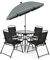 COSTWAY 6 Piece Patio Bistro Set, Garden Dining Furniture Set with 4 Folding Chairs, Tempered Glass Table and Parasol Umbrella, Outdoor Conservatory Table Chairs Set for Balcony Yard Poolside (Black)