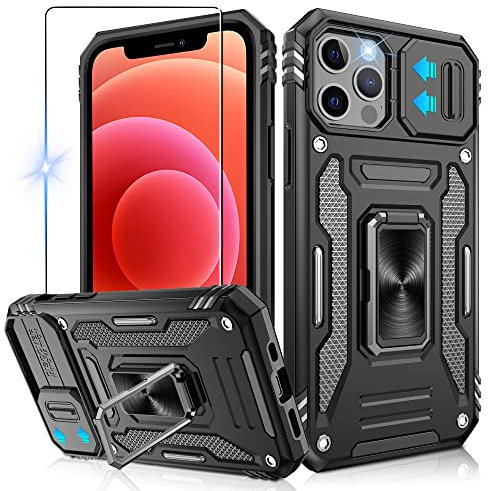Jshru for iPhone 12 Case with Screen Protector and Slide Camera Cover [Upgrade],Military Grade Shockproof,Ring Kickstand Phone Cover for iPhone 12/12 Pro,Black
