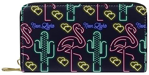 Portefeuille en cuir avec motif flamant rose fluo et cactus, multicolore, 20.5x2.5x11.5cm/8.07x1x4.53 in, Classique