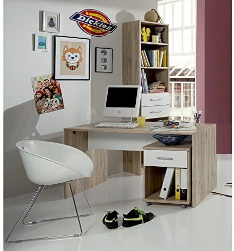 Lomadox Schreibtisch mit Rollcontainer und Regal, Bücherregal Jugendzimmer Teenagerzimmer in Eiche Nb. mit weiß