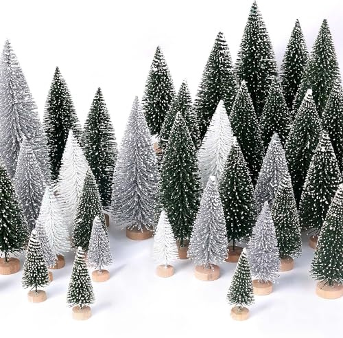 30Pcs Mini Christmas Trees Artificial Christmas Tree Bottle Brush Trees with Wooden Base for Christmas Decor Christmas Party Home Table Craft Decorations(Green+Silver+White)