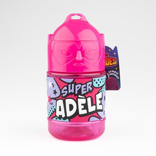 Bottiglia personalizzata per bambini, bottiglia d'acqua con cannuccia - Super Adèle, rosa