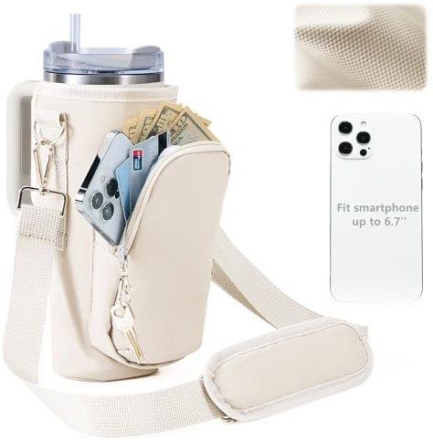 SUITMAT Tassentasche für Stanley Quencher Becherbecher, Wasserflaschenhalter mit großer Tasche für Stanley Cup-Zubehör, Bechertasche mit verstellbarem Riemen, passend für iPhone 14 Pro Max (nur