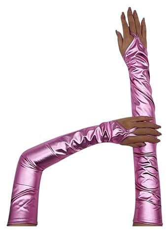 iiniim Women's Long Leather Dress Gloves Stretchy Adult Size Elbow Length Elegant Wet Look Gloves Metallic Pink A One Size