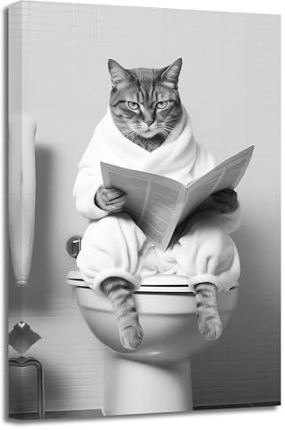 LZIMU Funny Animal Bathroom Wall Art Cat Sitting on Toilet Reading Newspaper Poster Prints on Canvas Black and White Pictures Bathroom Artwork(Picture-3, (12.00 x 18.00))