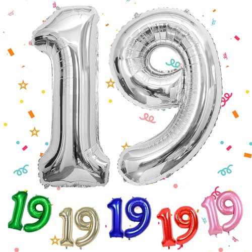 TNYKER Zahlen Luftballon 19 Silber, XXL Riesen 19. Geburtstag Deko für Junge Mädchen, 40 Folienballon 19 für 19 Jahre Geburtstag, Helium Zahlenballon 19, Silber Ballon 19 für Hochzeitstag Deko