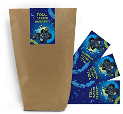 Junaversum 12 Geschenktüten + 12 Aufkleber Auto Monster-Truck Mitgebsel Kindergeburtstag Junge Geschenktüten für Gastgeschenke einpacken beim Jungsgeburtstag