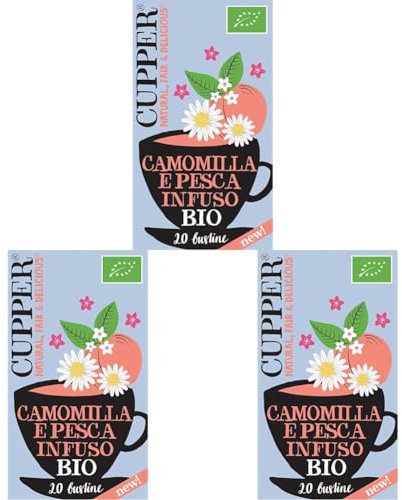 CUPPER Infuso Camomilla e Pesca Ingredienti da Agricoltura Biologica, Tisana Rilassante Fruttata e Delicata, Gusto Avvolgente, Filtri 100% Biodegradabili, Confezione da 60 Bustine