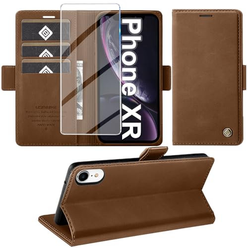 Giyer Handyhülle für iPhone XR Hülle mit Schutzfolie, Kartenfach Wallet Klapphülle Premium Leder Standfunktion Schutzhülle für iPhone XR Flip Case Cover Tasche (Braun)