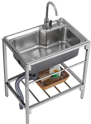 Fregadero Exterior Jardin,Fregadero Portatil Camping,Fregadero de Cocina Comercial con Banco de Trabajo Acero Inoxidable Independiente Con Agua Fria y Caliente Grifo,para Garaje, Cocina, Lavadero(68*4