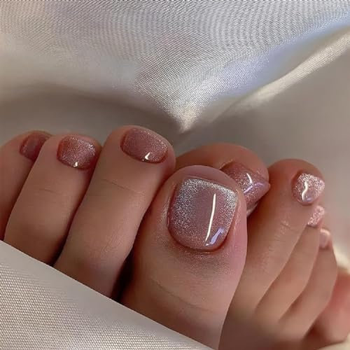 Fake Toe Nails - 24pcs False Toenails - Cat Eye Stick on Toenails with Glue - Pink Press on Toenails French Tip - Glossy Full Cover Toe Nails for Women Toenail Decorations