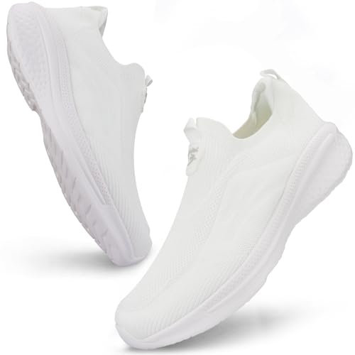Giniros Zapatillas Slip On Running Hombre Zapatos Deporte Correr Jogging Caminar Bambas Deportivas Hombre Casual Gimnasio Fitness Gym Atlético Trekking Tenis Transpirables Sneakers, Blanco 43EU