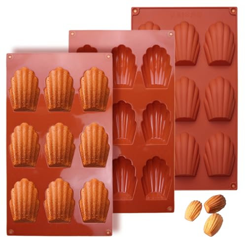 TESSTSY 3 Pièces Mini Moule A Madeleine Silicone, Moule en Silicone Madeleine, 9 Cavités Moule Antiadhésif en Forme de Coquille pour Faire du Chocolat, Gâteau, Bonbons, Pudding (Rouge Brique)
