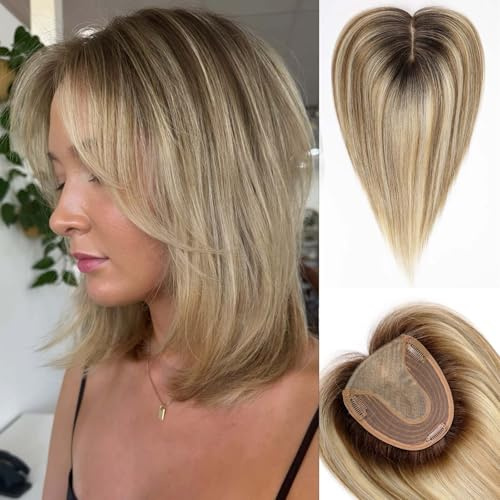 HAIRCUBE Echthaar-Haarteil mit Pony für Damen, 5x5,5 Zoll Basis, 14 Zoll Ombré Braun mit Blond-Strähnen (T4/613/6#), zur Deckung von grauen Ansätzen und dünner werdendem Haar