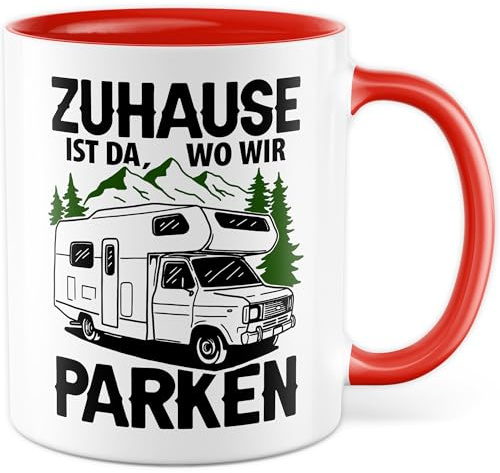 Camping Zubehör Tasse mit Spruch - Zuhause ist da, wo wir parken - Kaffeetasse 330ml aus Keramik - Camping Geschirr Geschenk für Camping Abenteuer Kaffee-Becher