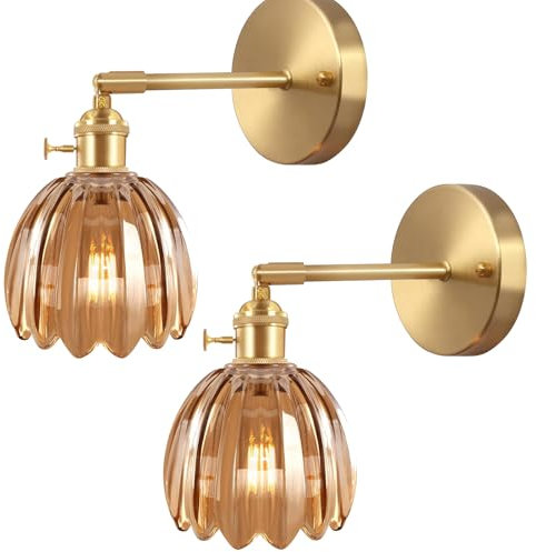 TOKTOP Lot de 2 Applique Murale Intérieure avec Interrupteur Abat-jour en Verre Lampe Murale Fleur Luminaire Lampe Applique pour Salle de Bain Salon Chambre Cuisine, Ambre