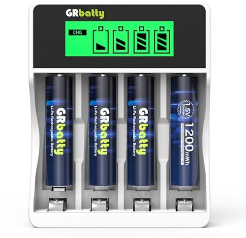 GRbatty Batterie Ricaricabili AAA 1,5V Litio 1200mWh Ad Alta Capacità,Confezione da 4 Pile Ricaricabili AAA con LCD Caricatore 1500 Cicli