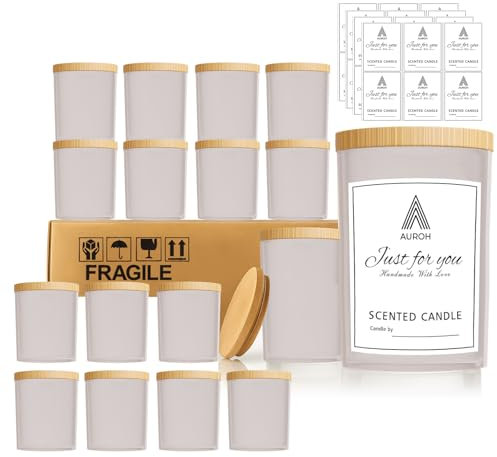 Auroh 15 Pack Glass Candle Jars with Bamboo Lids - 7 OZ Frosted Candle Containers for Candle making - Ideal candle making supplies for professionals as well as hobbyists